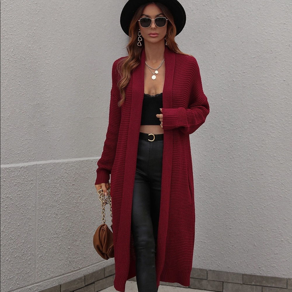 Waffle Knit Open Front Duster Cardigan